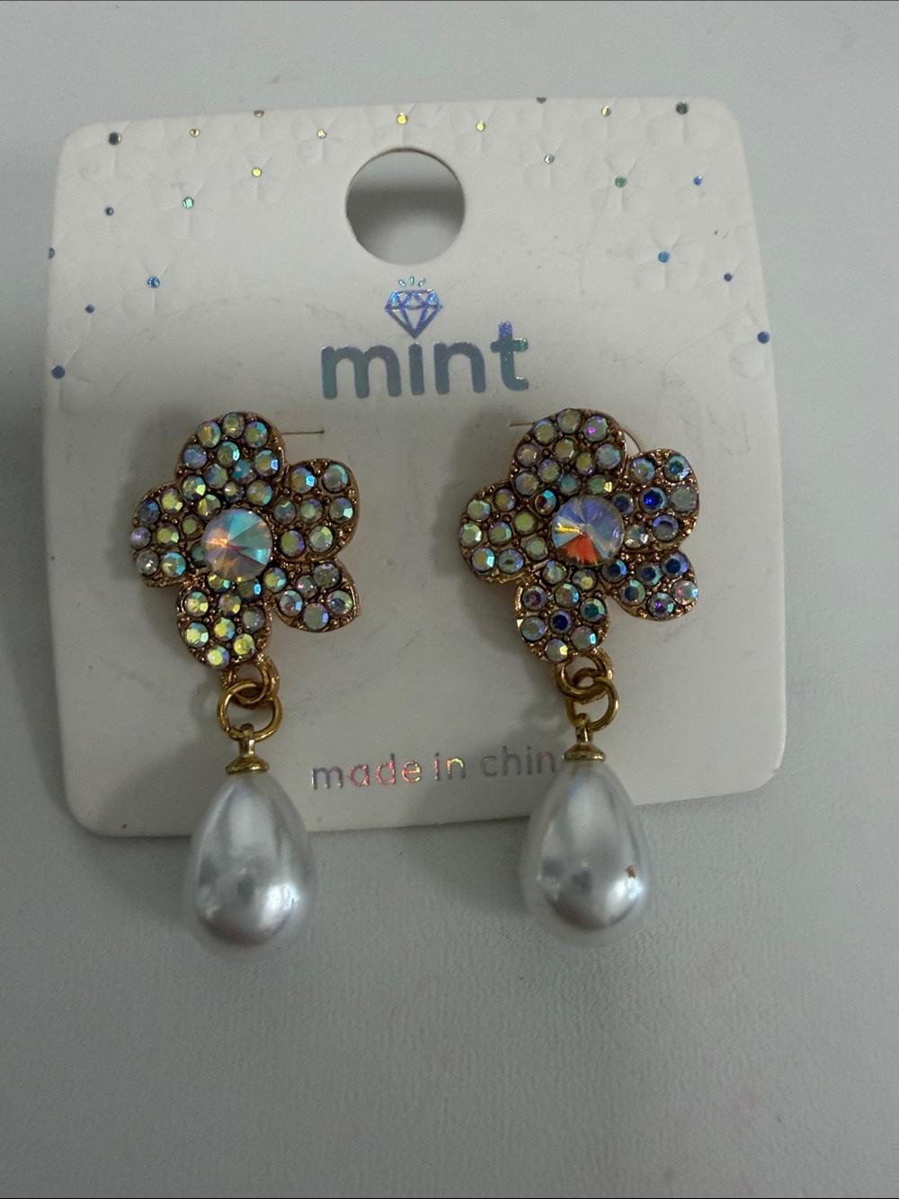 Mint Gold-Tone Iridescent Crystal Flower Earrings with White Pearl Drops